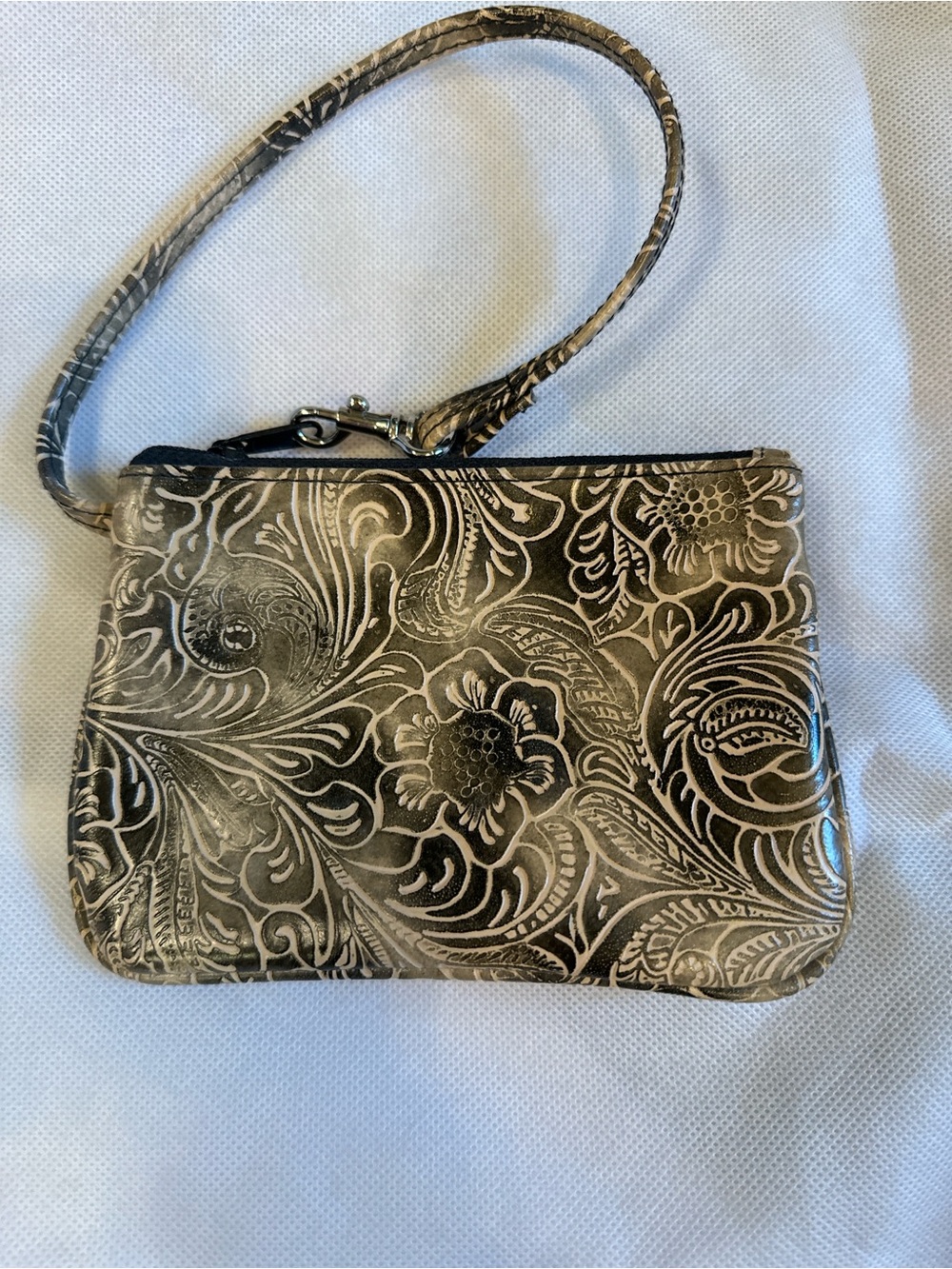 Embossed Floral Wristlet Clutch in Taupe and Black
